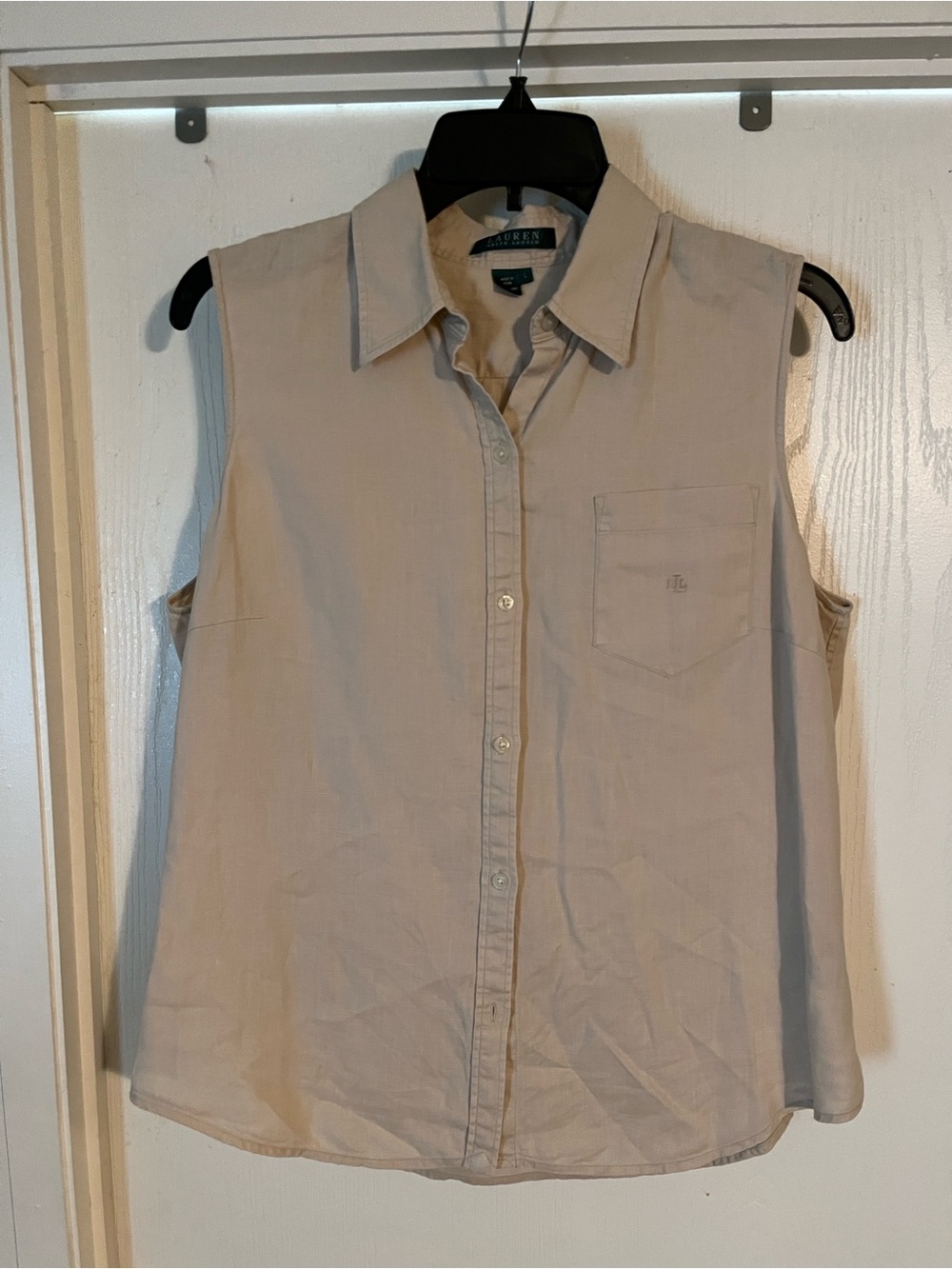 Ralph Lauren Sleeveless Linen Button-Down Shirt in Light Beige large